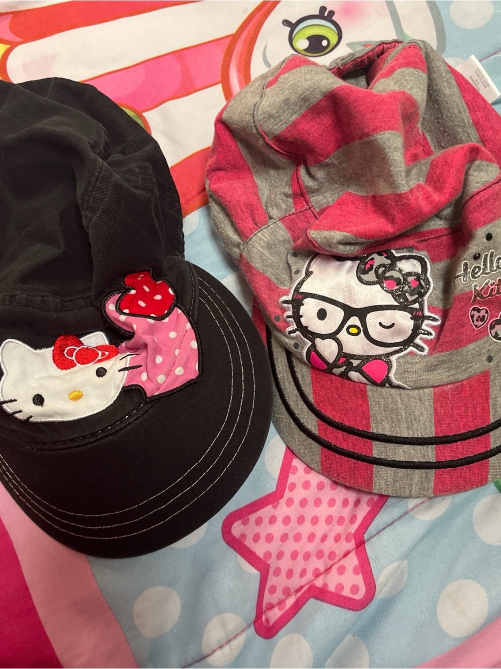 Hello Kitty Black Cap & Pink-Gray Striped Beanie Hat Set